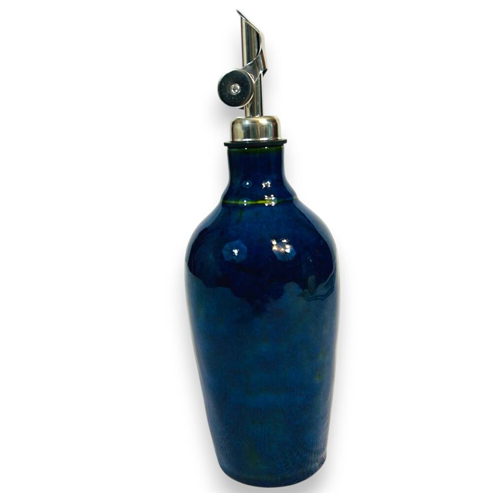 Cruet Olive Oil Handmade Hand Painted Blue 9" Tall